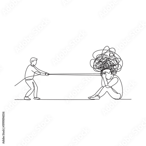 Line drawing of a person pulling tangled threads from another s head
