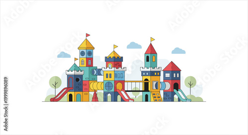 Colorful Kids Playground Castle with Slides and Towers.