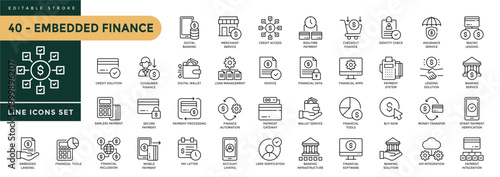 A collection of Embedded Finance icons set with editable stroke, including open banking, pay later, payment, verification, identity check, fraud detection, account. Thin linear vector illustration.