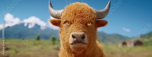 Majestic Brown Bull with Glowing Orange Eyes Standing Firm in Green Field Before Mountain Range