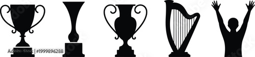 Assortment of trophy silhouettes with a classical harp and a triumphant figure on transparent background.