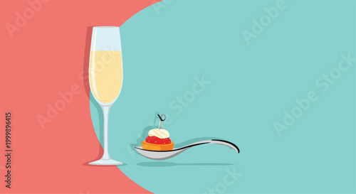 Elegant presentation of a flute of champagne next to a gourmet appetizer served on a silver spoon over a two tone background.