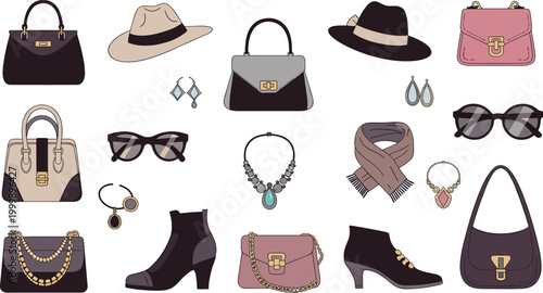 Fashion Accessories Icon Set with Handbags, Hats, Sunglasses, Jewelry, and Footwear for Apparel, Shopping, and Style Design
