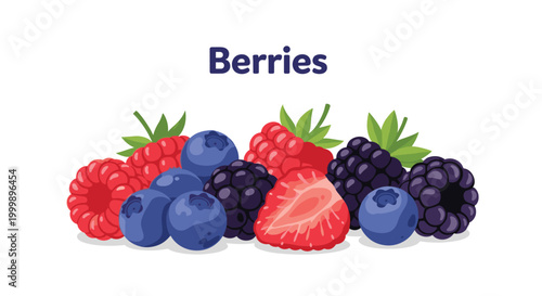 Colorful assortment of fresh berries including raspberries, blueberries, strawberries, and blackberries on a white background.