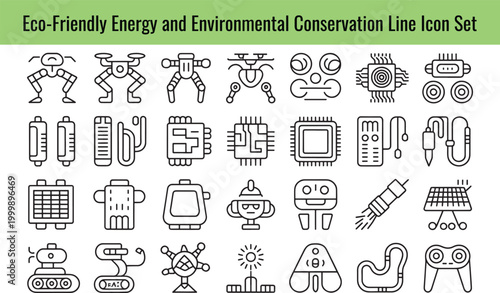 Line icons representing eco-friendly energy and environmental conservation efforts for a sustainable future