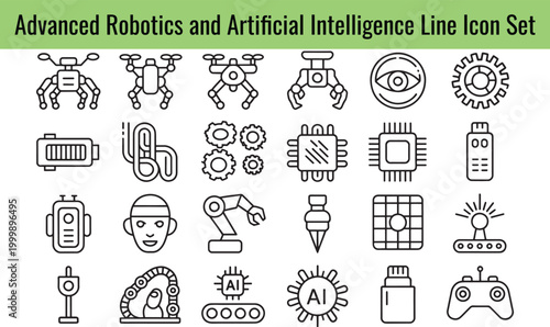 A collection of line icons representing advanced robotics and artificial intelligence concepts showcasing various technologies and applications