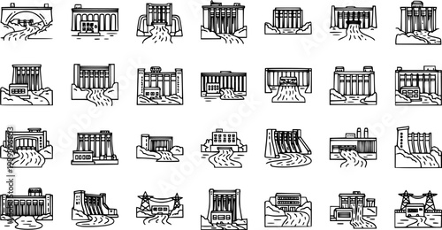 Black and White Line Art Icons of Hydroelectric Dams, representing renewable energy and power generation.