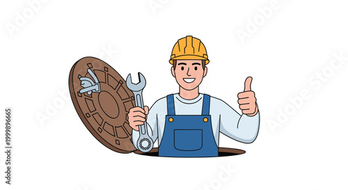Friendly plumber in a hard hat and overalls holding a wrench and giving a thumbs up while coming out of a manhole.