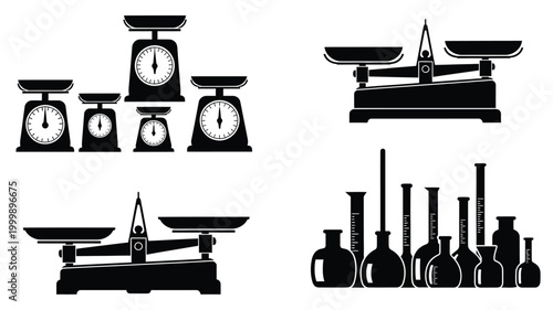 Antique scales and laboratory glassware depicted in stark silhouette