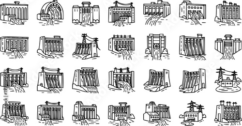 Black and White Line Art Hydroelectric Power Plants and Dams Icons. Hand-drawn Outline Energy Generation Industry Renewable Water Power Station Doodles.