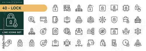 A collection of Lock icons set with editable stroke, including security, padlock, biometric, chain, protect, unlock, lock document, secured, secure. Thin linear vector illustration.