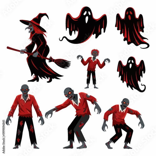 Halloween Characters: Witch Flying Broom, Ghosts, Zombies Collection Vector Illustration