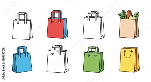Collection of Colorful Shopping Bags and Grocery Bag with Produce