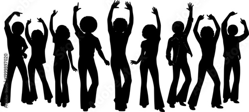 A group of retro 70s disco dancer silhouettes in groovy poses