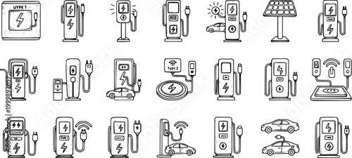 Black and White Line Art Icons of Electric Car Charging Stations and Vehicles