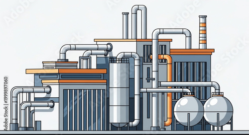 Industrial factory with pipes and tanks complex structure.