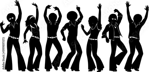 A group of retro 70s disco dancer silhouettes in groovy poses