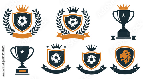 Soccer football crests and trophy cups featuring shield emblems with balls, crowns, laurel wreaths, banners, lion mascot, winner trophies with star, championship badge set, vintage sports emblem