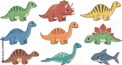 Cute cartoon dinosaur collection set with various colorful prehistoric animals including triceratops stegosaurus brachiosaurus and aquatic reptile isolated on white