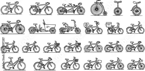 Black and White Line Art Vector Collection of Various Bicycle Types
