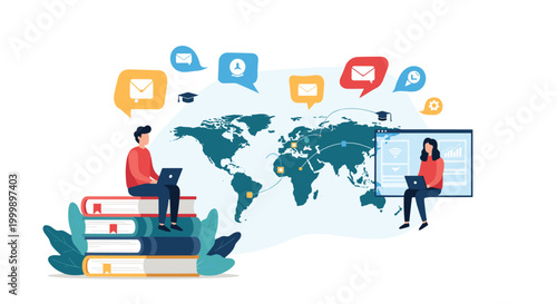 Students using laptops to study online while sitting on stacks of books in front of a world map with global education icons.