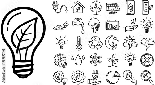 Black and White Hand-drawn Line Art Icons Set for Environment, Green Energy, and Sustainability Niche - Eco-friendly Doodle Symbols Collection