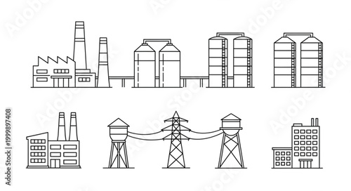 Industrial Buildings and Structures Collection Outline Art.