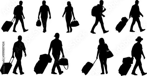 silhouettes of people walking , Silhouettes of people walking with luggage and bags travel on transparent background , no background