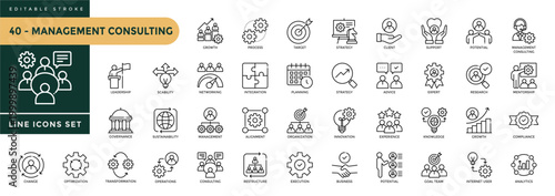 A collection of Management Consulting icons set with editable stroke, including advise, conference, expert, consulting, coaching, problem solving, solutions, guidance. Thin linear vector illustration.