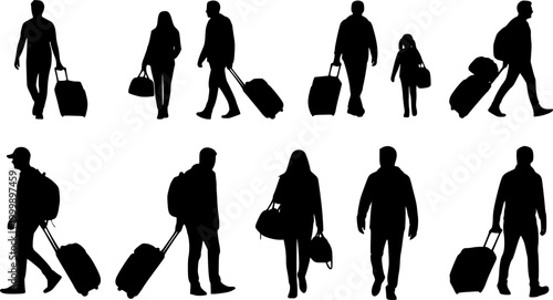 silhouettes of people walking , Silhouettes of people walking with luggage and bags travel on transparent background , no background