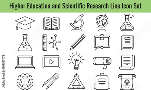 A collection of line icons representing higher education and scientific research in various subject areas and tools