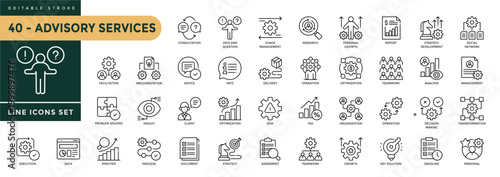 A collection of Advisory Services icons set with editable stroke, including Consulting, Consultation, Representative, Client, Business. Thin linear vector illustration.