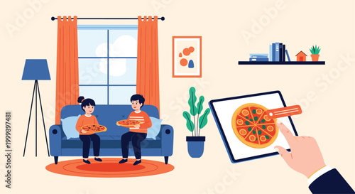 Children sitting on a sofa and eating pizza while a hand uses a tablet to order more food online in a cozy living room.