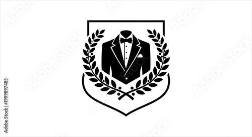 Elegant Tuxedo Emblem with Laurel Wreath on a Shield.