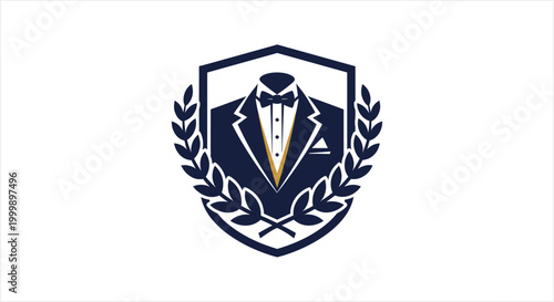 Elegant Tuxedo Suit Emblem with Laurel Wreath Design.