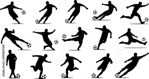 Silhouette illustrations of a soccer player kicking a ball in various action poses against a white background.