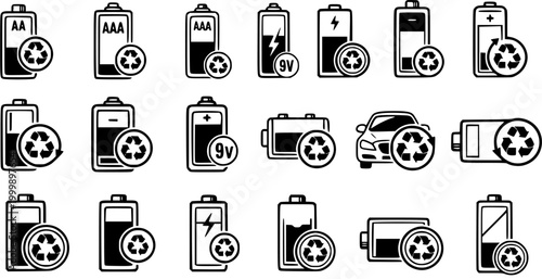 Black and White Line Art Battery Recycling Icons Set for Environmental Sustainability, Energy Technology, and Electric Vehicle Concepts