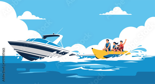 Powerful speedboat towing a group of people on a yellow banana boat across the blue ocean waves under a clear sunny sky.