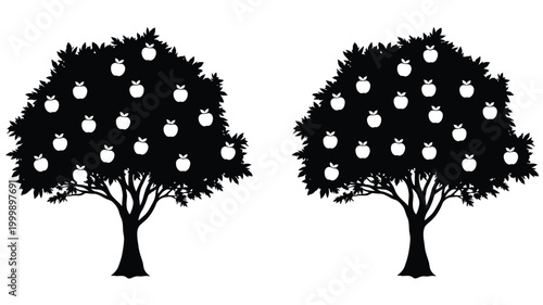 Two apple trees with fruit depicted in stark black silhouette