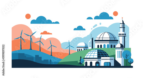 Sustainable future city featuring renewable energy wind turbines, green architecture domes, and modern buildings under a bright sunny sky.