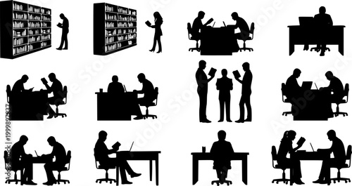 Silhouettes of people reading and working in a library with bookshelves and desks depicted in black | editable eps vectors