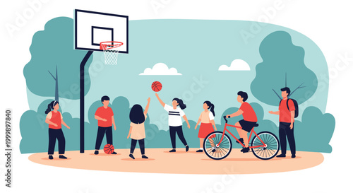 Diverse group of children enjoying outdoor activities like basketball and cycling in a lush green park on a pleasant sunny day.