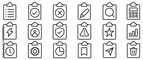 Clipboard icon set. Checklist on the clipboard line icon with checkmarks, checklist, document, gear, pencil. Clipboard outline icons. Checklist symbol. Editable stroke. Vector illustration. EPS 