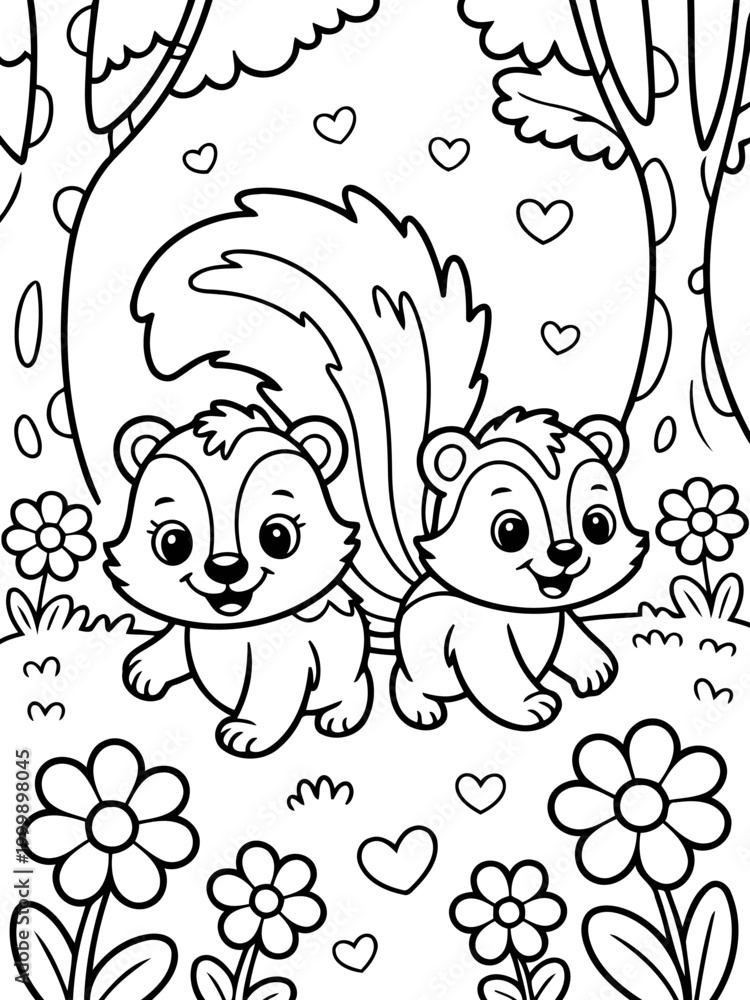 Fototapeta premium Sweetheart Skunks in Enchanted Woodland: Two charming skunks share a loving moment, surrounded by blossoming flowers and hearts in an enchanting forest scene.
