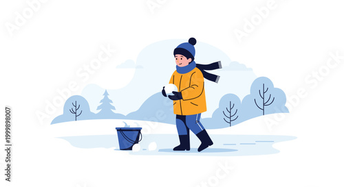 Cute little child wearing a warm yellow jacket and blue hat, playing in the deep snow with a bucket on a cold winter day.