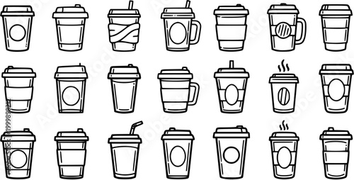 Coffee Cups Line Art Icon Set. Black and White Outline Collection for Cafe, Beverage, Food Industry. Takeaway Disposable Drink Mugs and Tumblers Doodle.