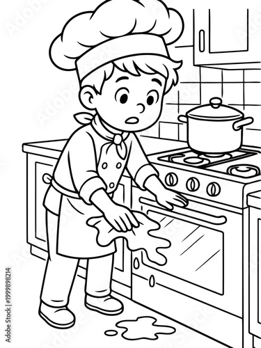 Oops! Kitchen Mishap: A cartoon chef finds himself in a sticky situation, cleaning up a spilled mess near the oven, likely a culinary blunder!