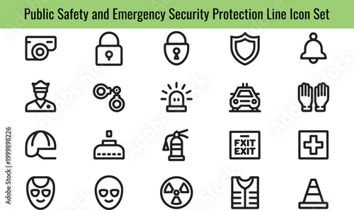 Set of line icons representing public safety and emergency security symbols for various protection services