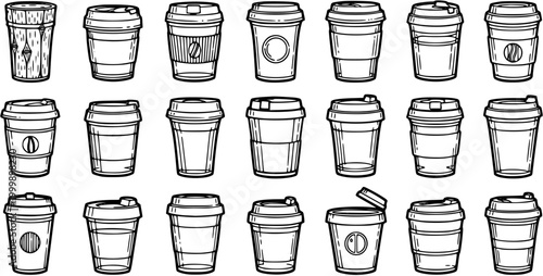 Hand-drawn Black and White Line Art Coffee Cups Collection. Vector Takeaway Beverage Icons for Cafe and Food Industry. Set of Disposable Paper Cup Design Elements.