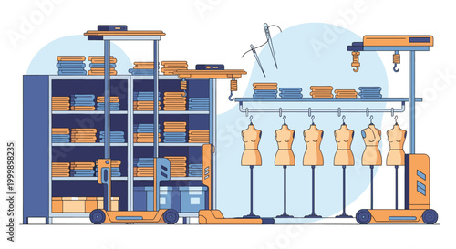 Professional sewing workshop and garment factory featuring mannequins, shelves full of fabric rolls, and industrial lifting equipment.
